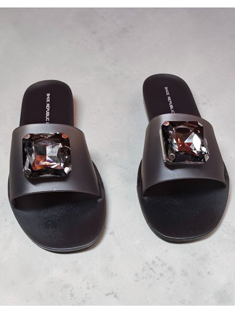 Black Slides With Oversized Gemstone Embellishment
